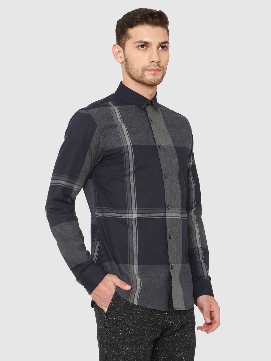 Navy Blue Check Full Sleeves Shirt