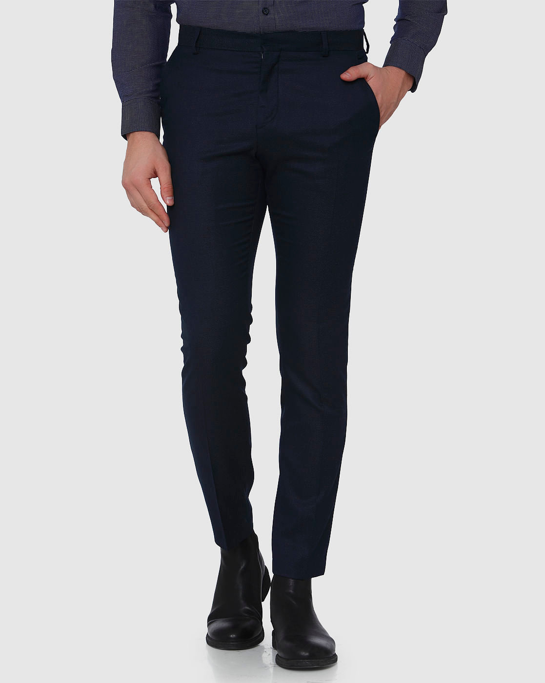 Navy Blue Mid Rise Slim Fit Tux Trousers