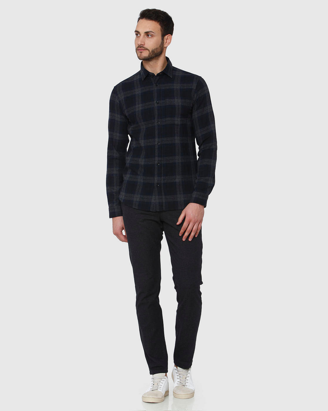 Navy Blue Check Full Sleeves Shirt
