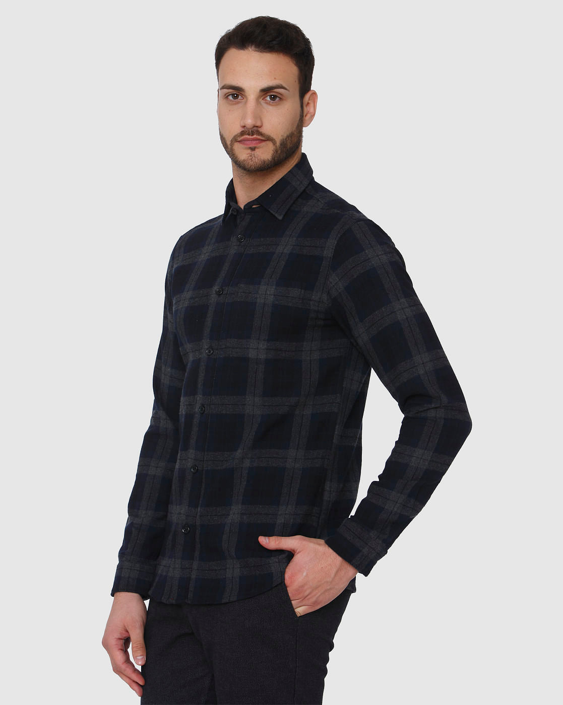 Navy Blue Check Full Sleeves Shirt