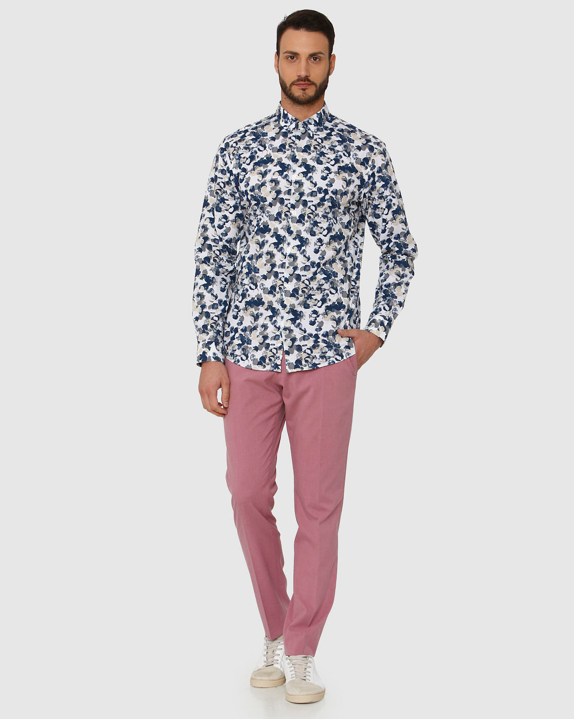 White All Over Print Slim Fit Full Sleeves Shirt