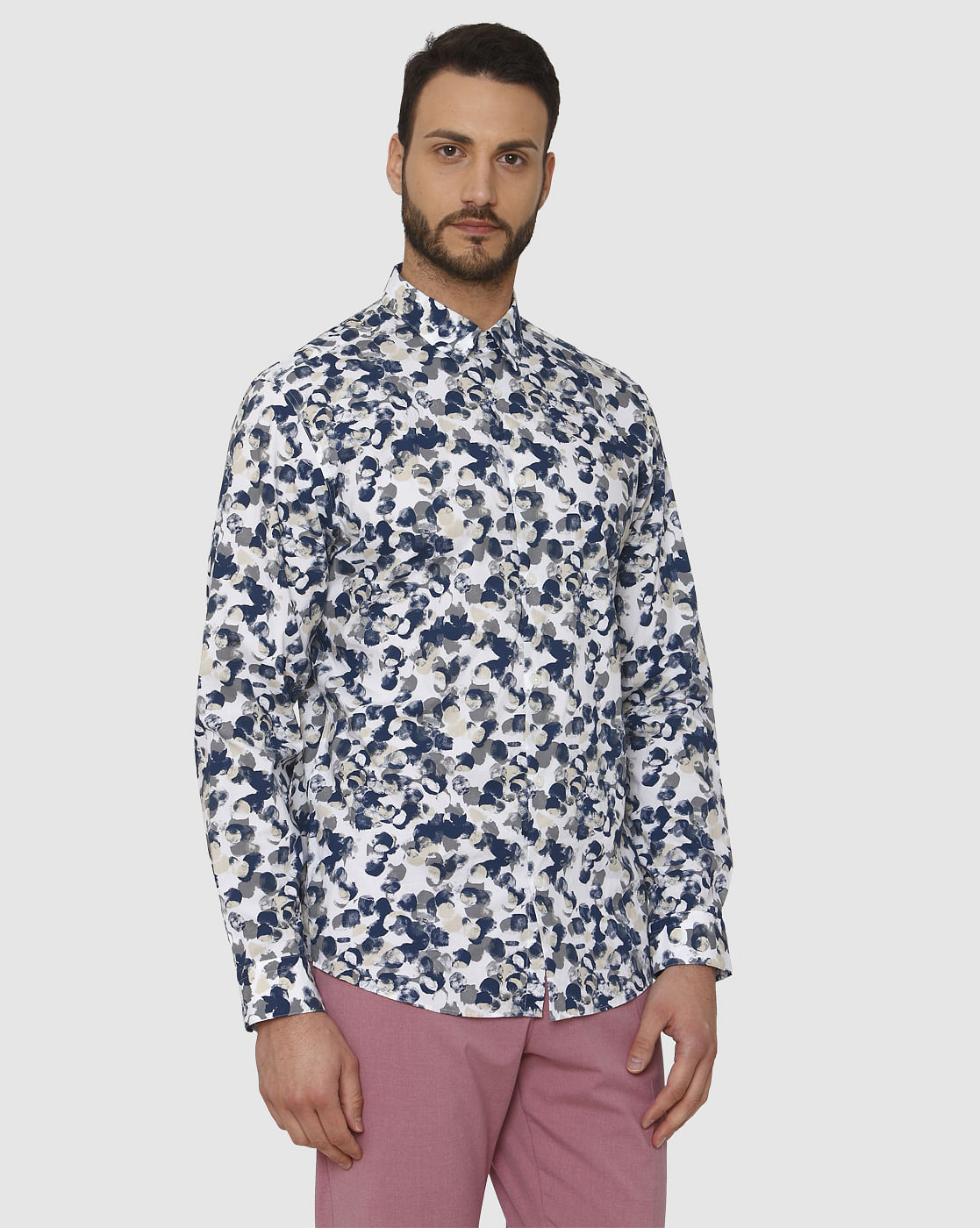 White All Over Print Slim Fit Full Sleeves Shirt