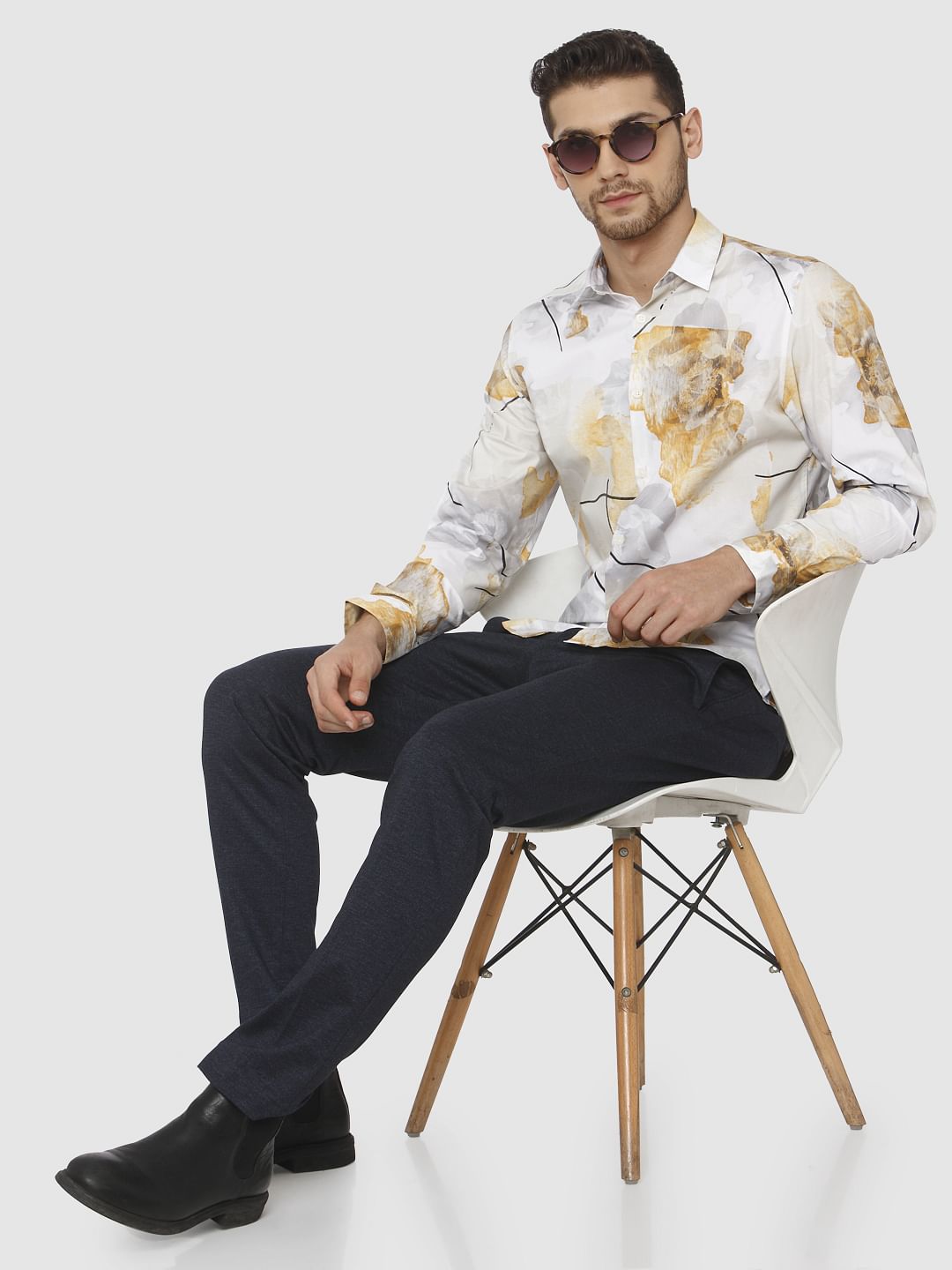 White Floral Print Slim Fit Shirt