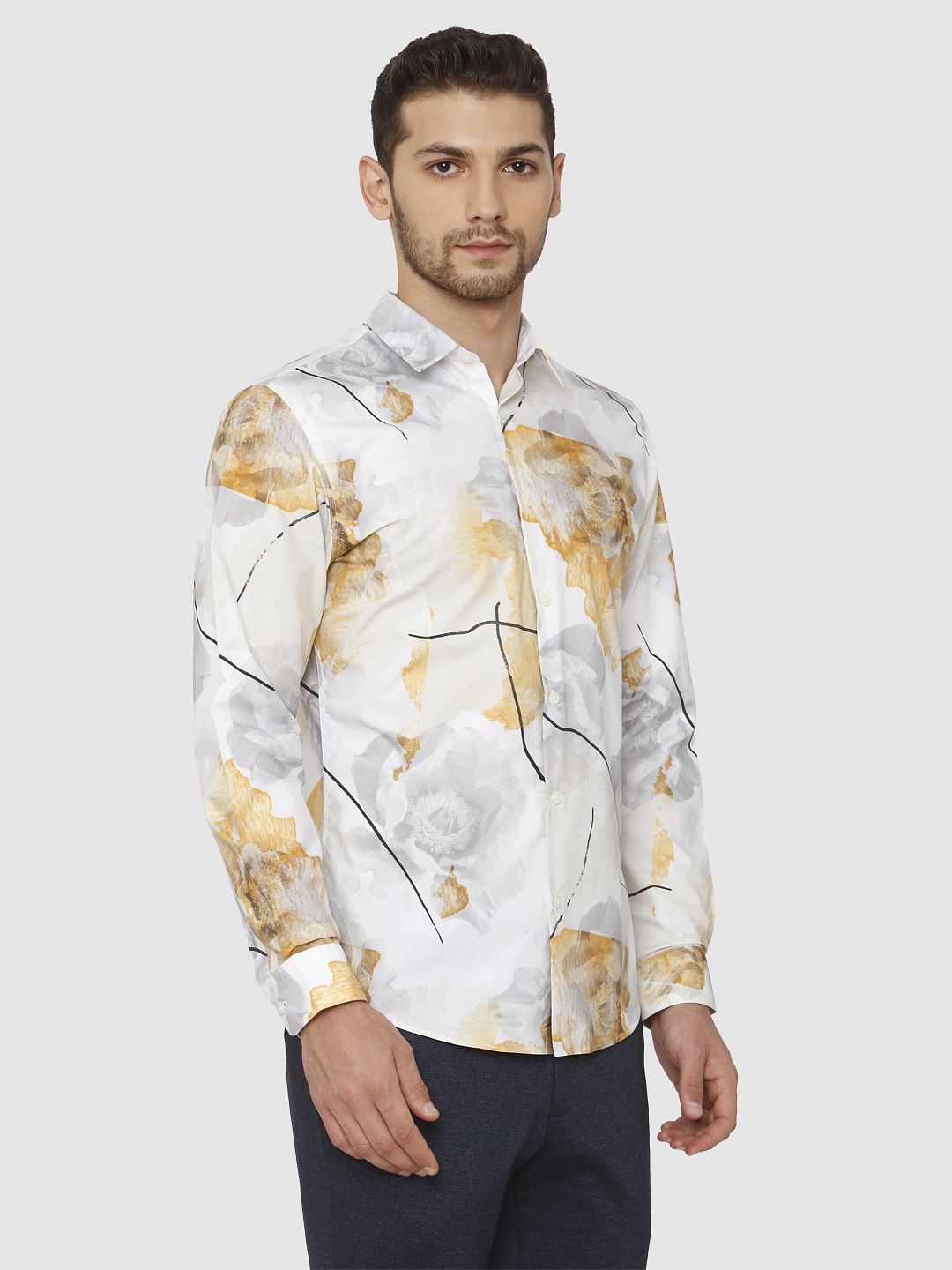 White Floral Print Slim Fit Shirt