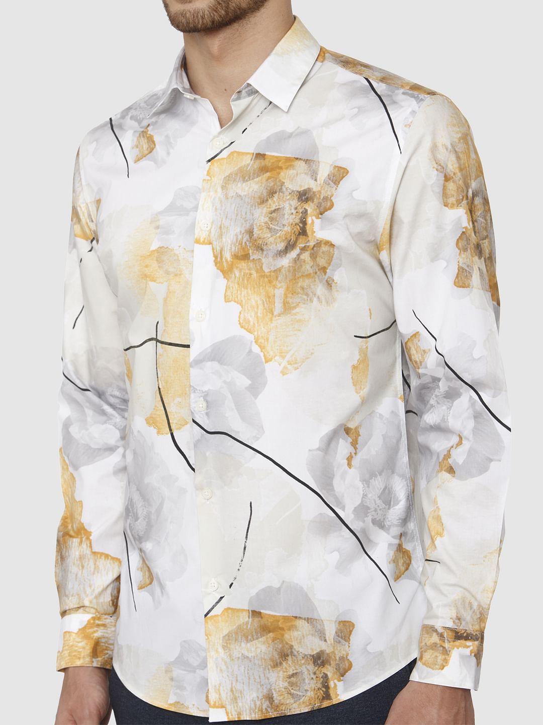 White Floral Print Slim Fit Shirt