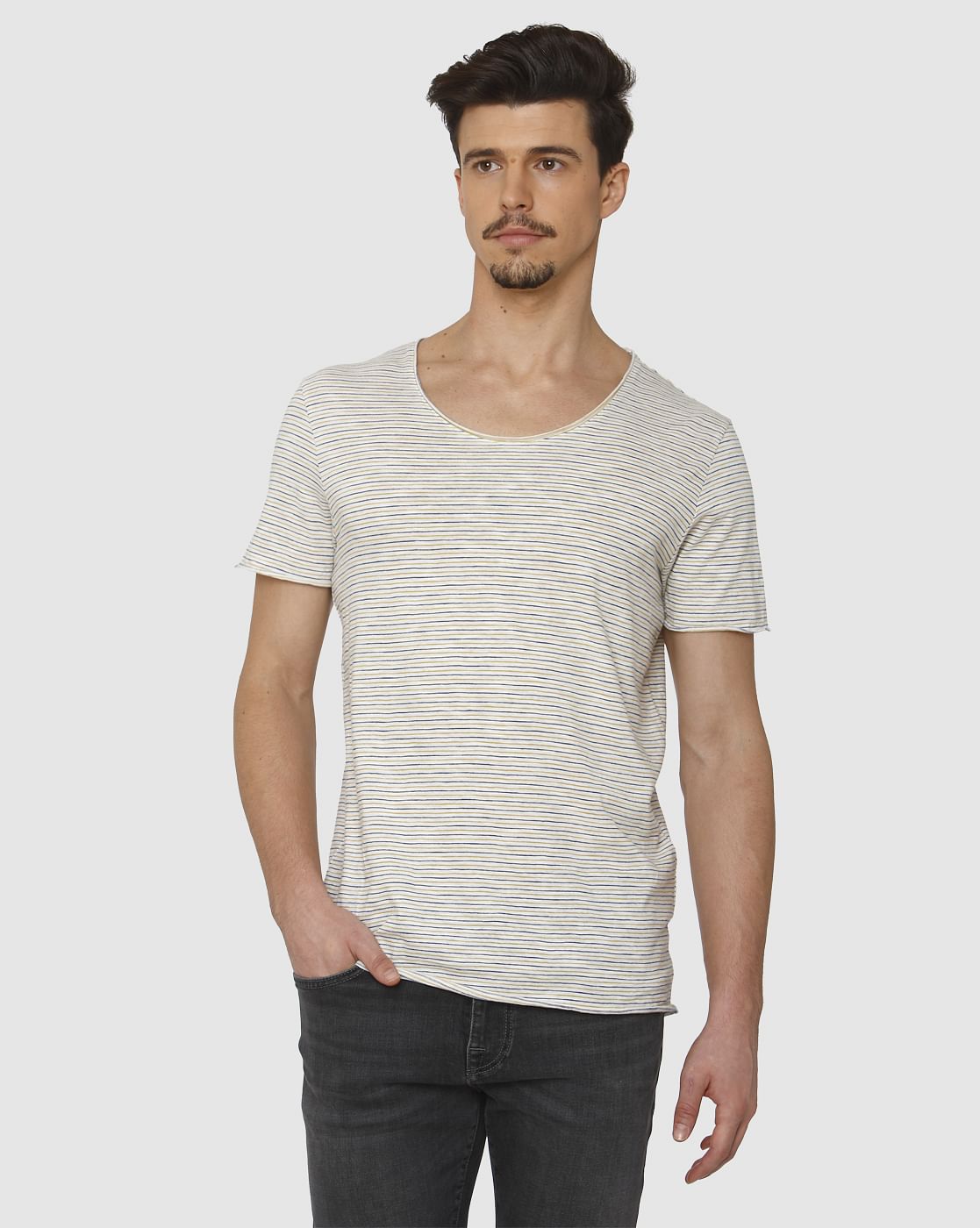 White Striped Raw Edge Crew Neck T-Shirt