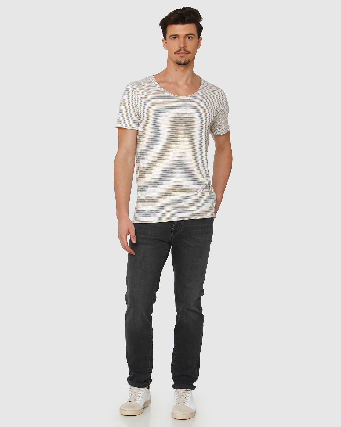 White Striped Raw Edge Crew Neck T-Shirt
