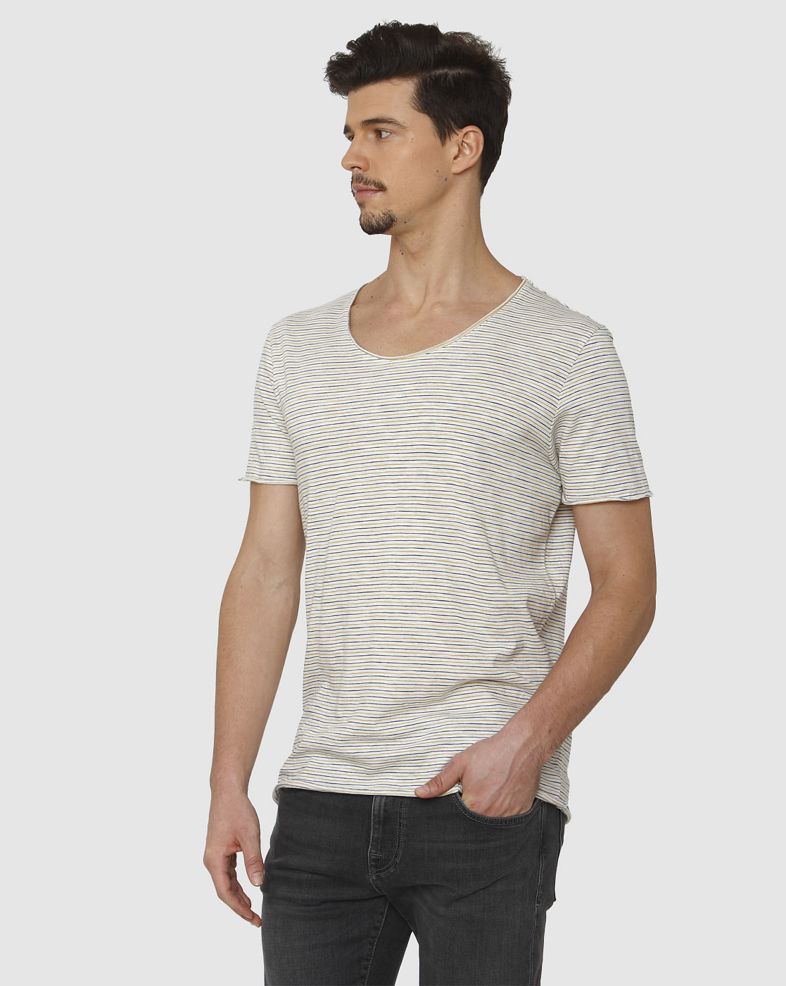 White Striped Raw Edge Crew Neck T-Shirt