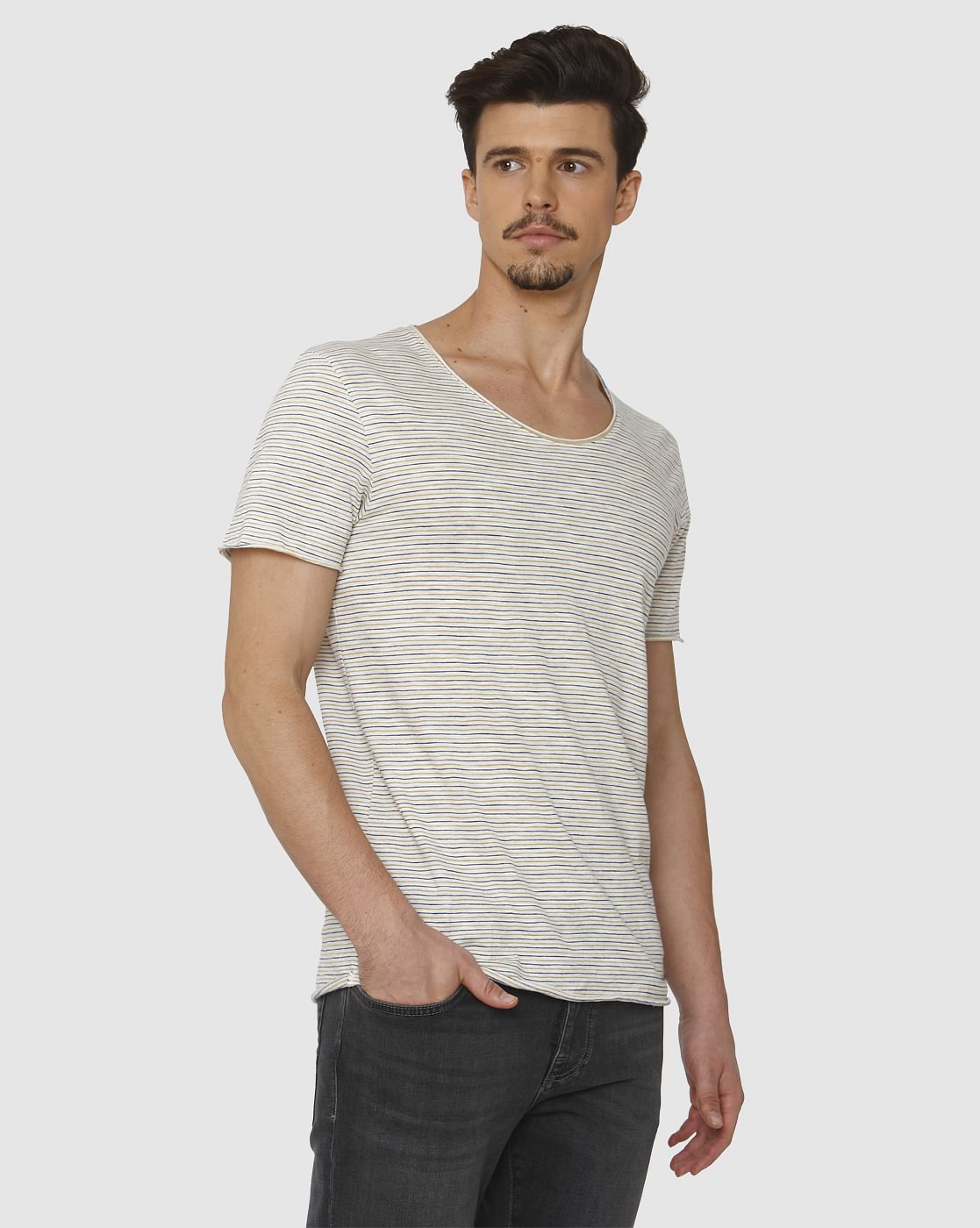 White Striped Raw Edge Crew Neck T-Shirt