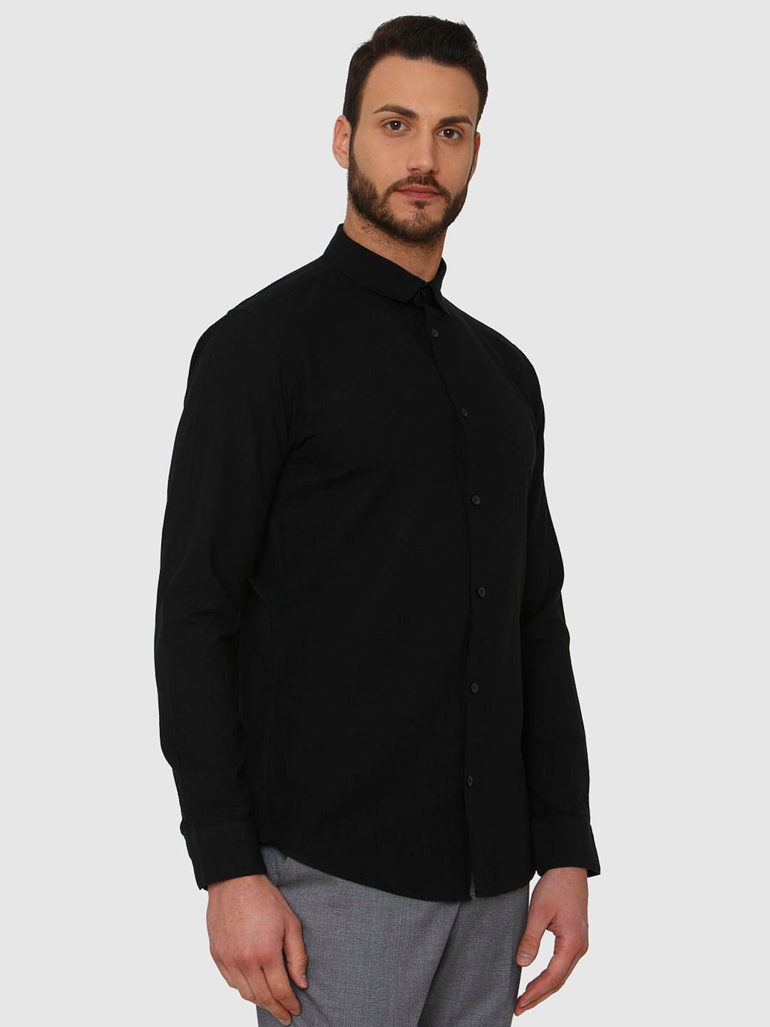 Black Faded Linen Slim Fit Full Sleeves Shirt