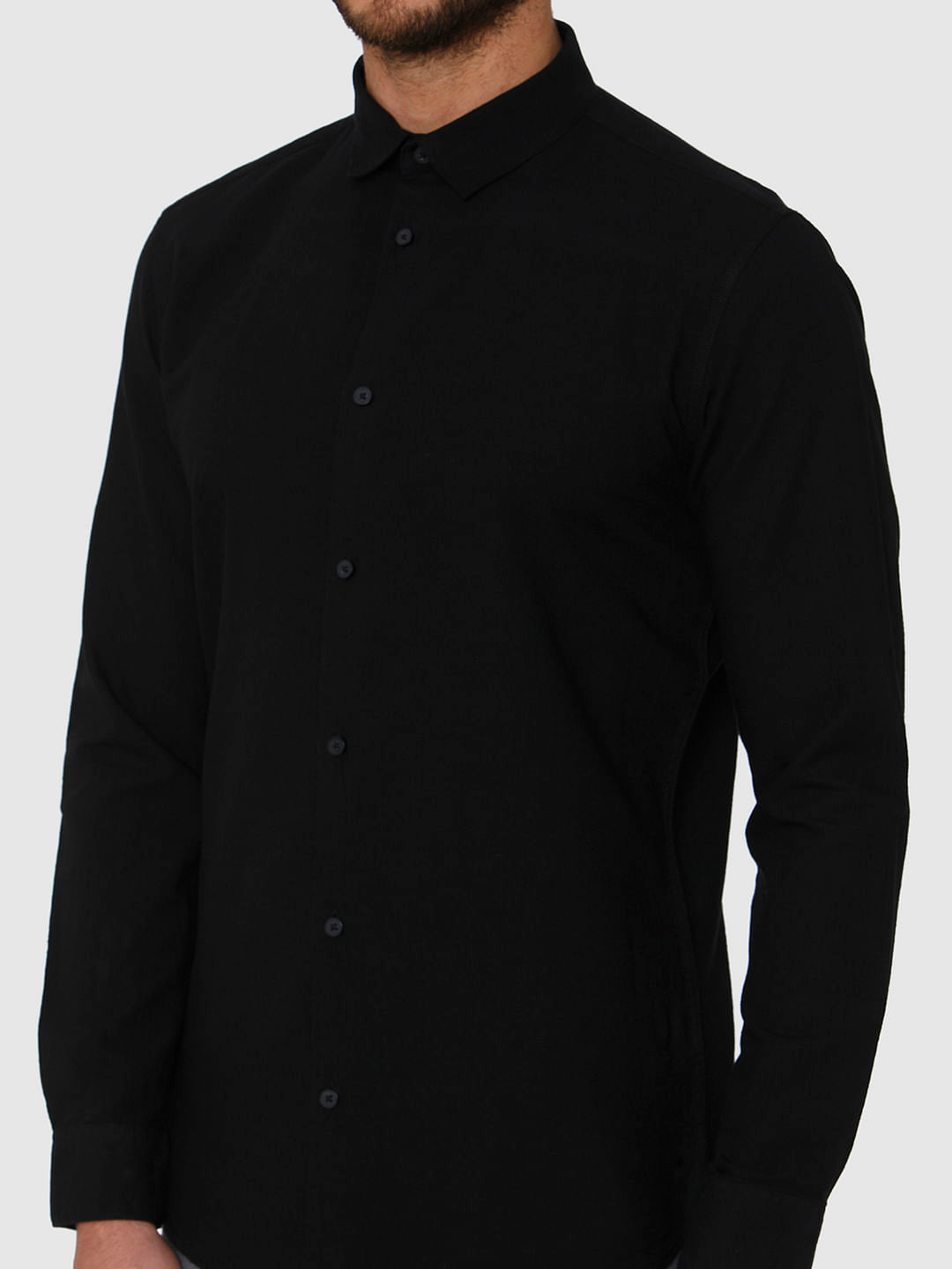 Black Faded Linen Slim Fit Full Sleeves Shirt