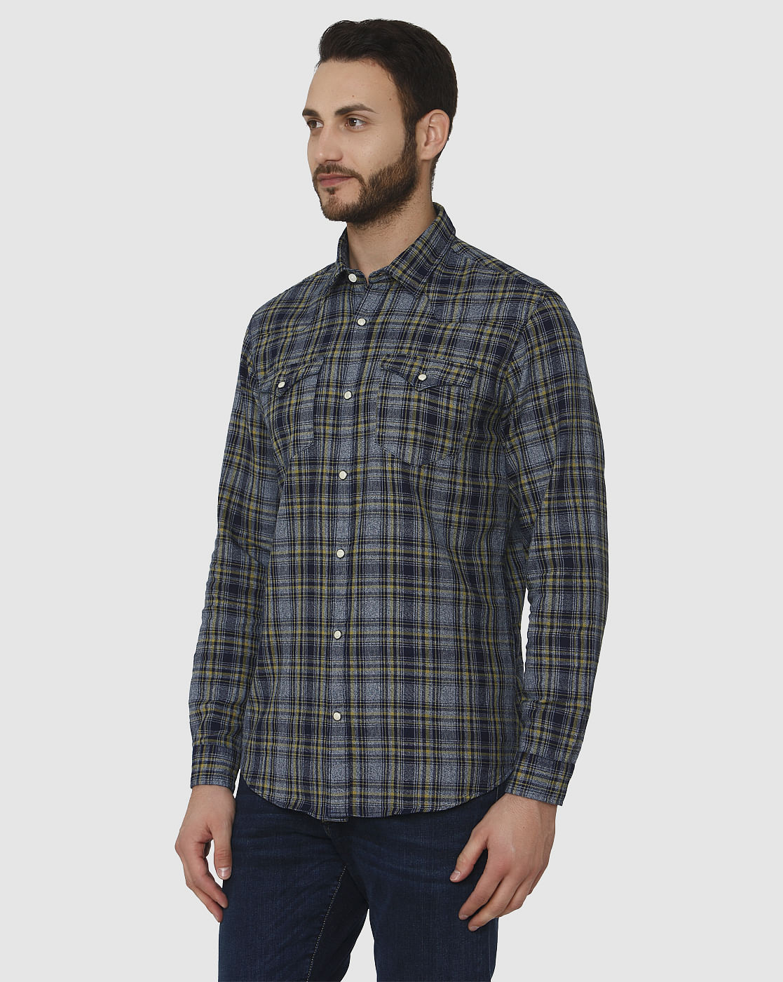 Dark Blue Tartan Checks Slim Fit Full Sleeves Shirt