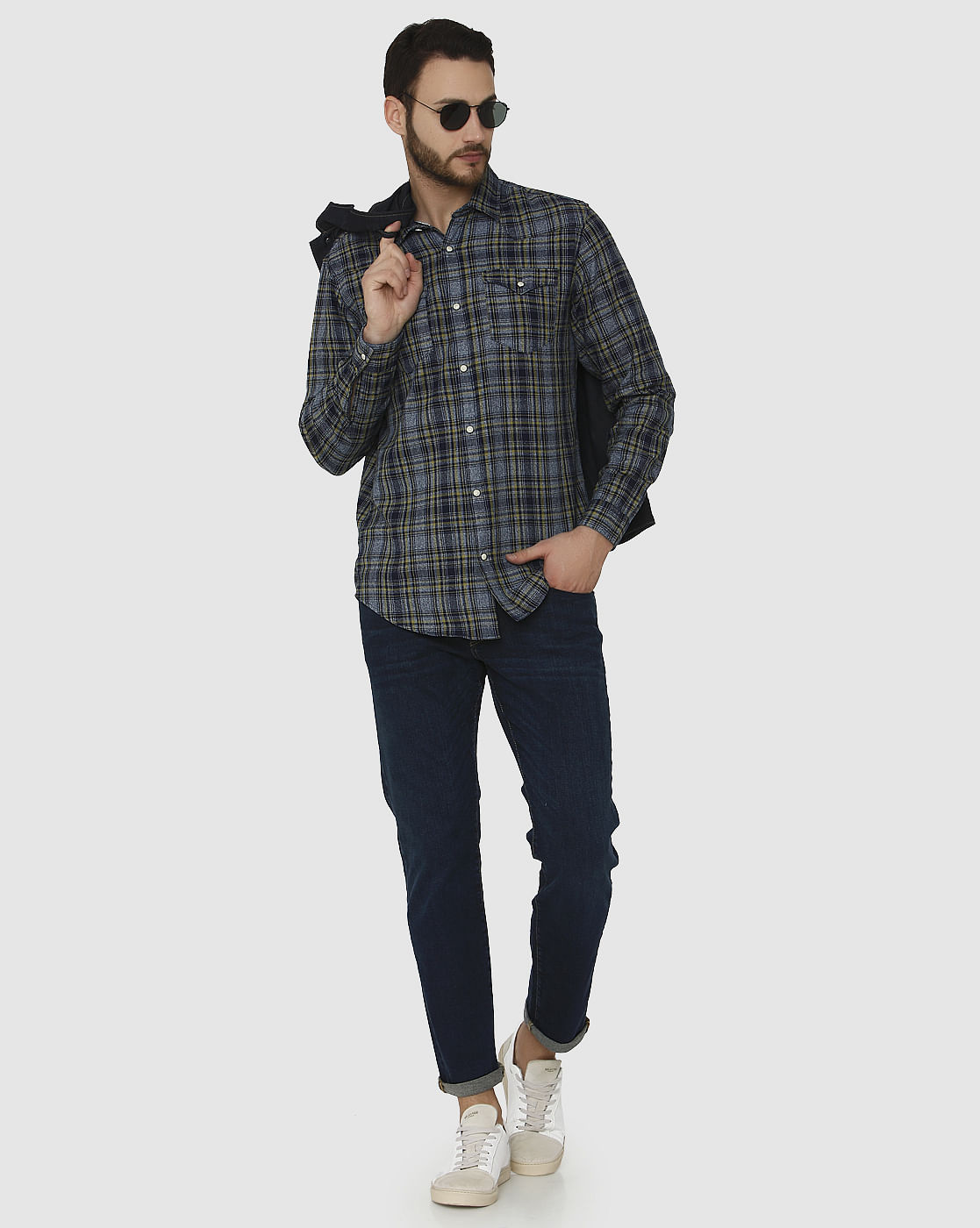 Dark Blue Tartan Checks Slim Fit Full Sleeves Shirt