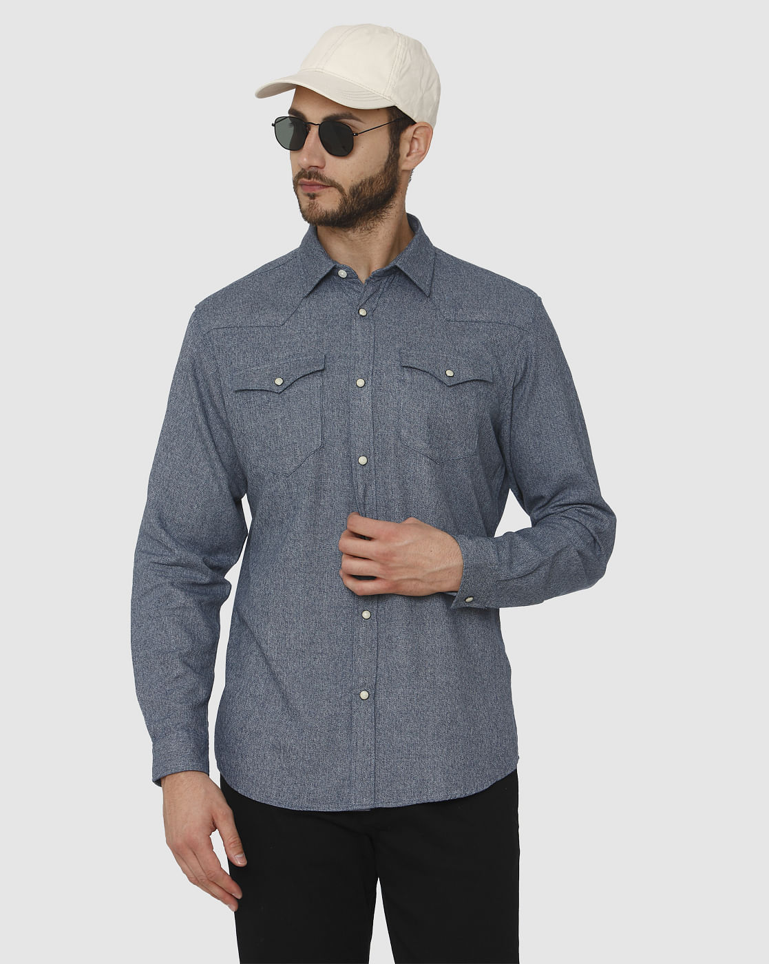 Blue Curved Hem Slim Fit Full Sleeves Shirt