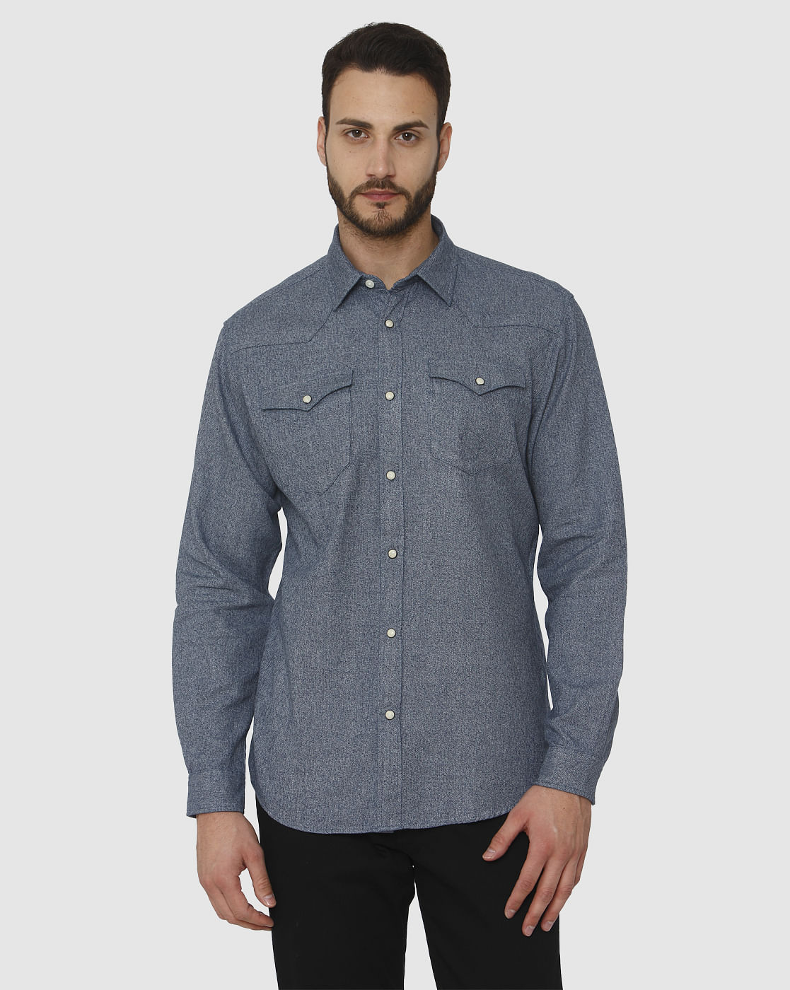Blue Curved Hem Slim Fit Full Sleeves Shirt