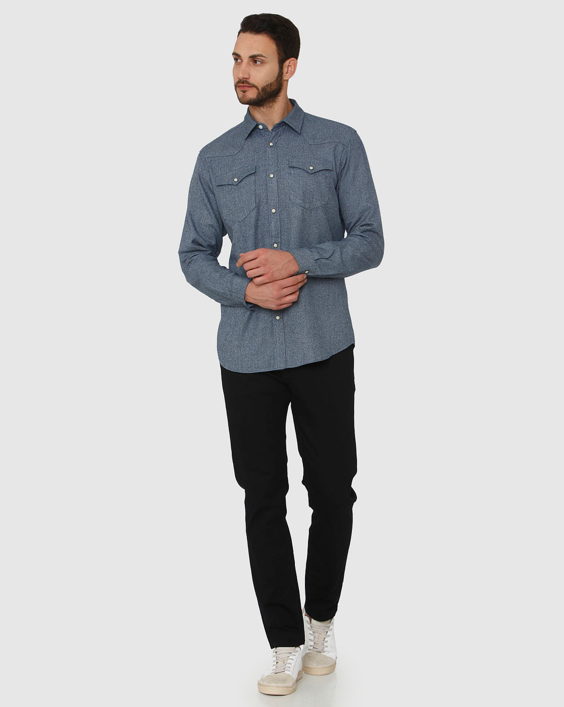 Blue Curved Hem Slim Fit Full Sleeves Shirt