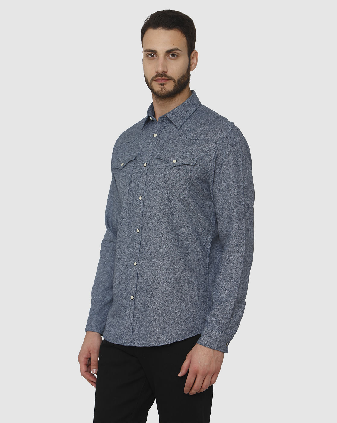 Blue Curved Hem Slim Fit Full Sleeves Shirt