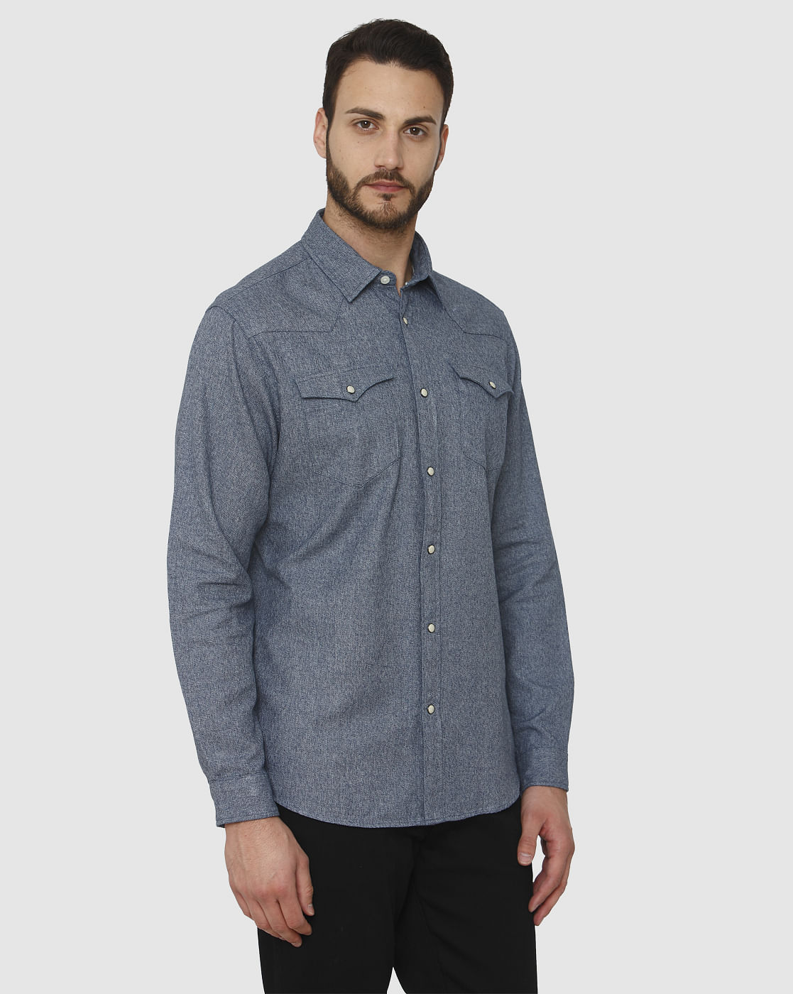 Blue Curved Hem Slim Fit Full Sleeves Shirt
