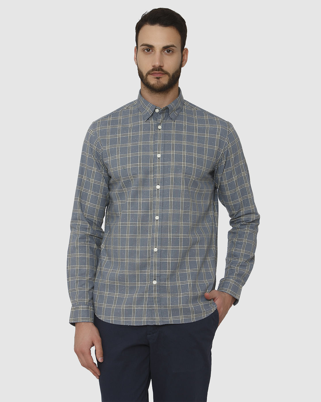 Blue Checks Curved Hem Full Sleeves Shirt