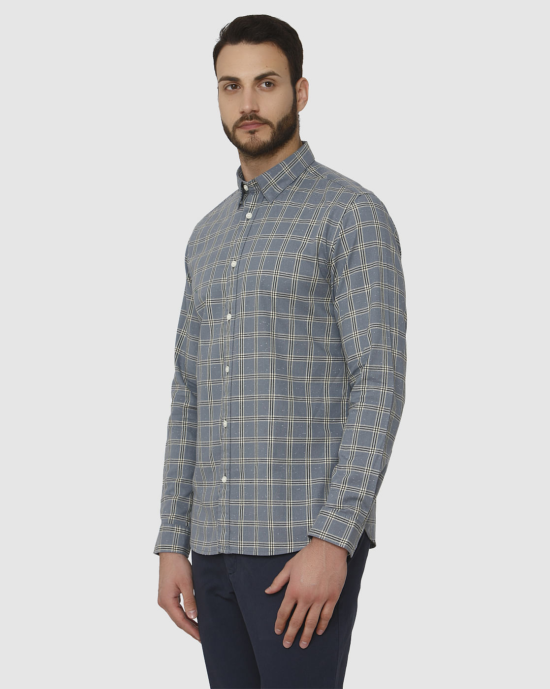 Blue Checks Curved Hem Full Sleeves Shirt