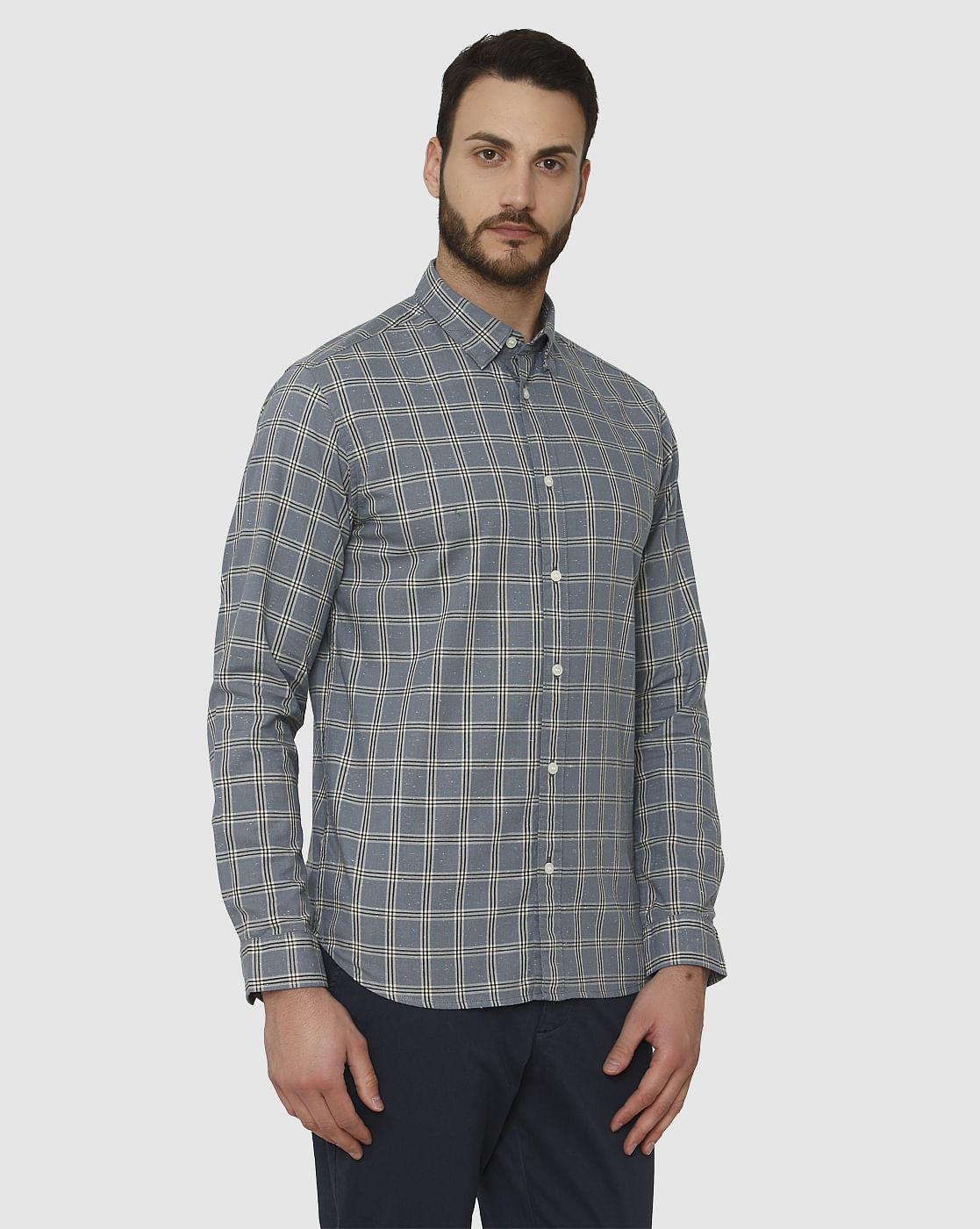 Blue Checks Curved Hem Full Sleeves Shirt
