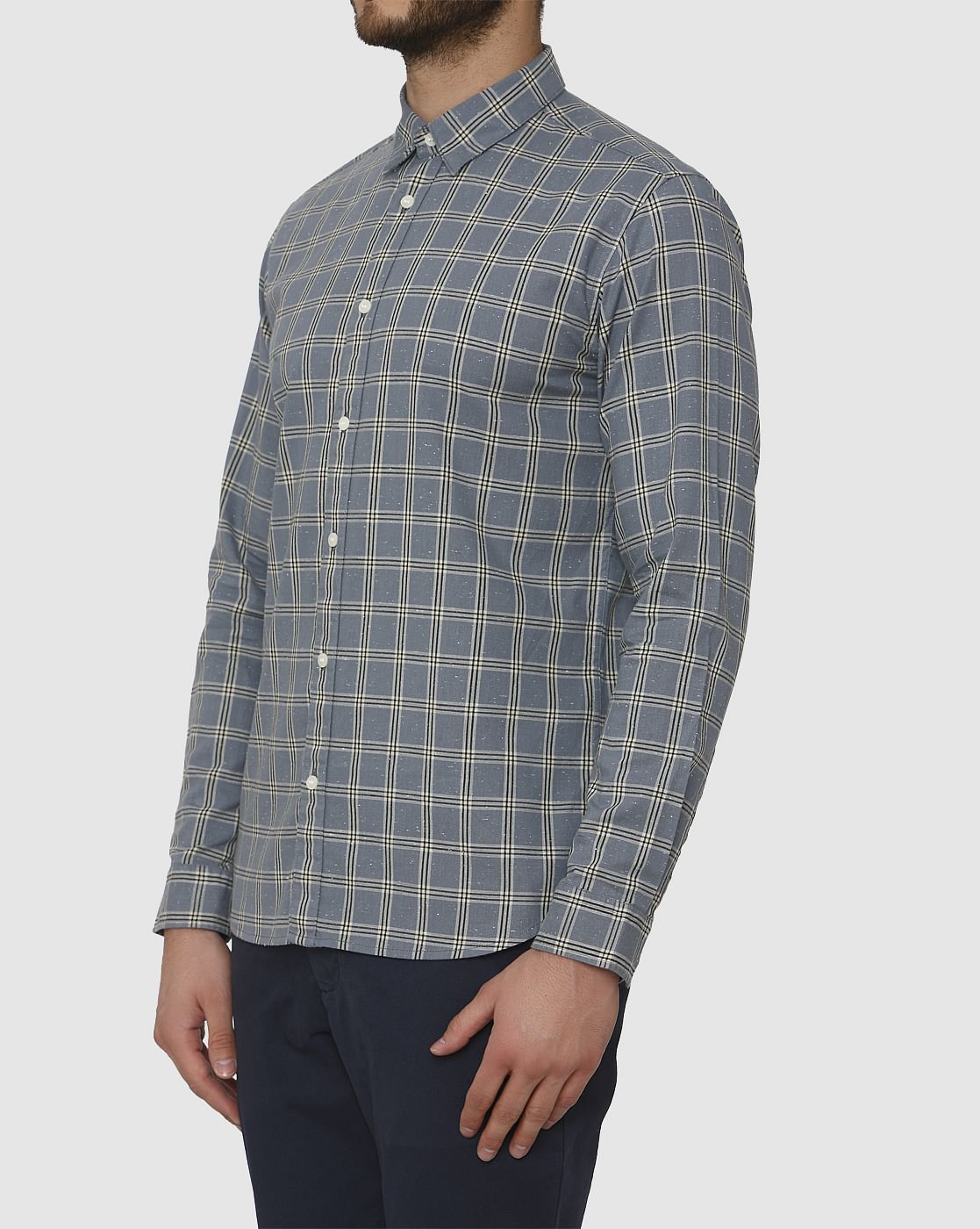 Blue Checks Curved Hem Full Sleeves Shirt