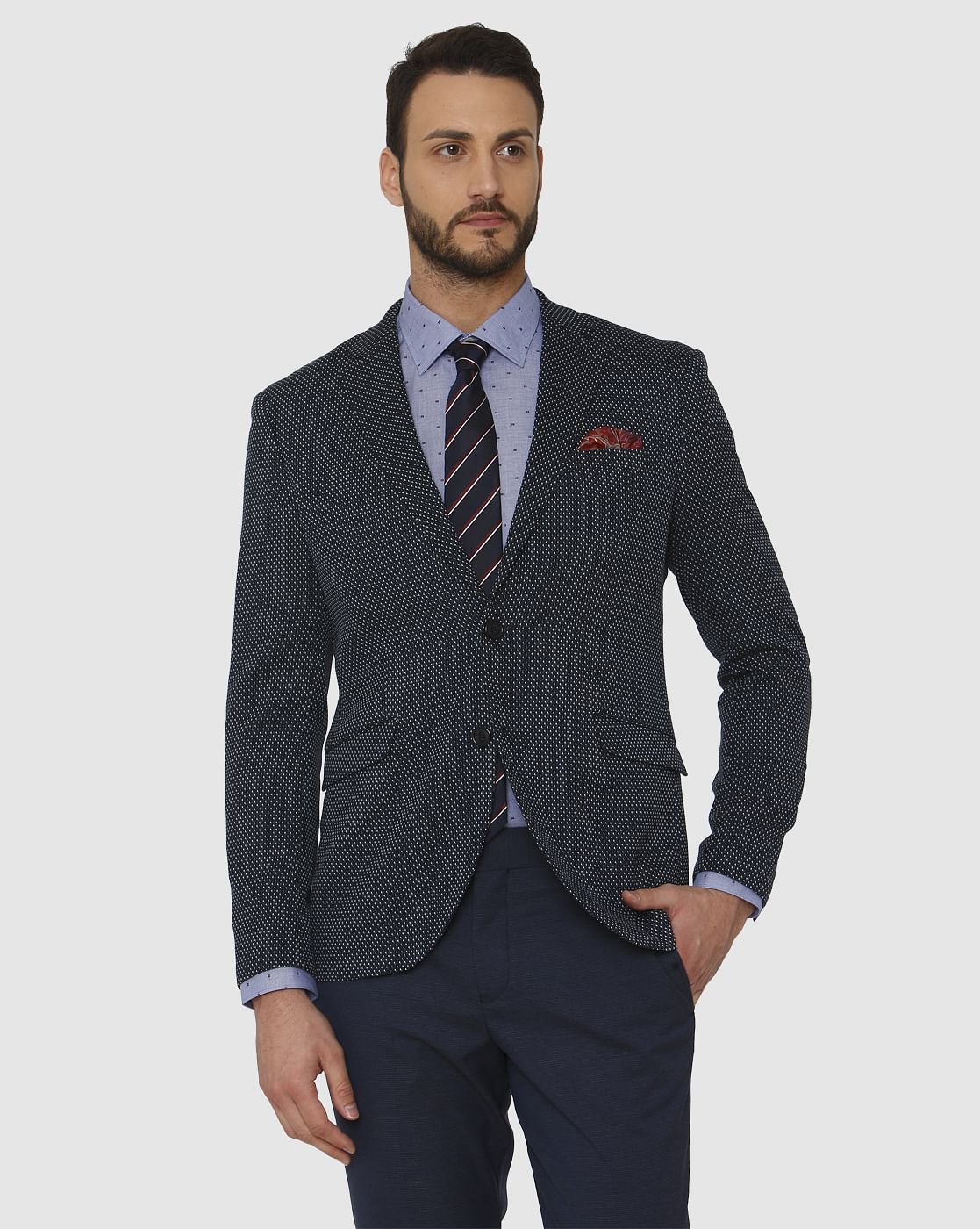 Navy Blue Dotted Double Button Slim Fit Blazer