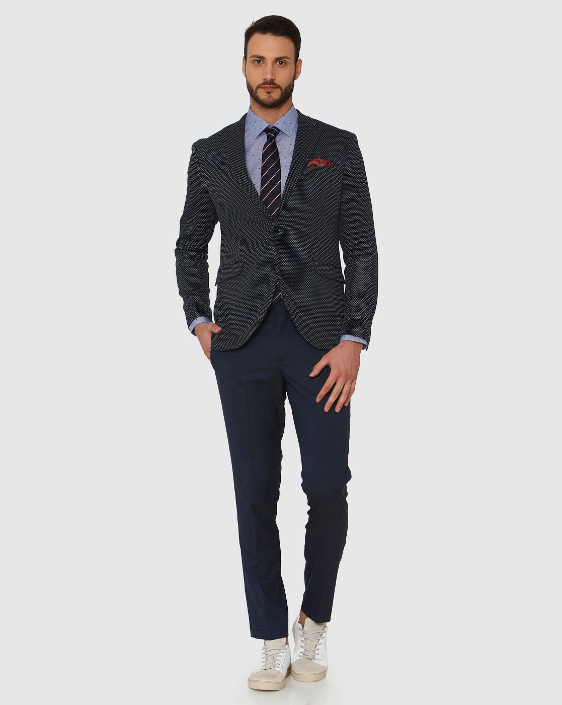 Navy Blue Dotted Double Button Slim Fit Blazer