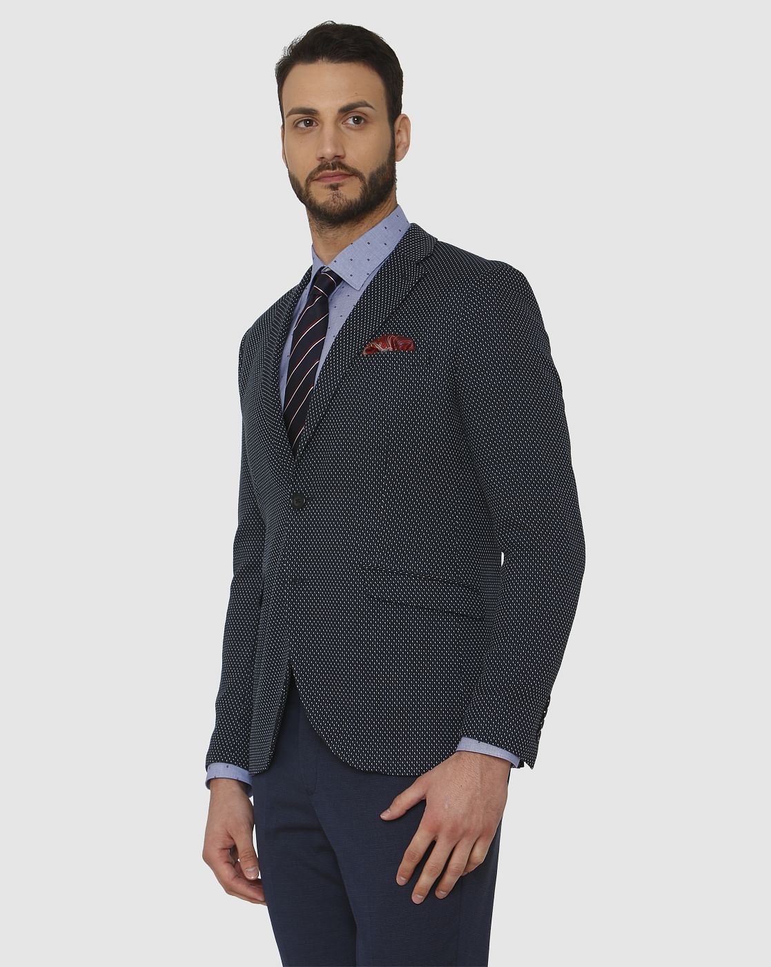 Navy Blue Dotted Double Button Slim Fit Blazer