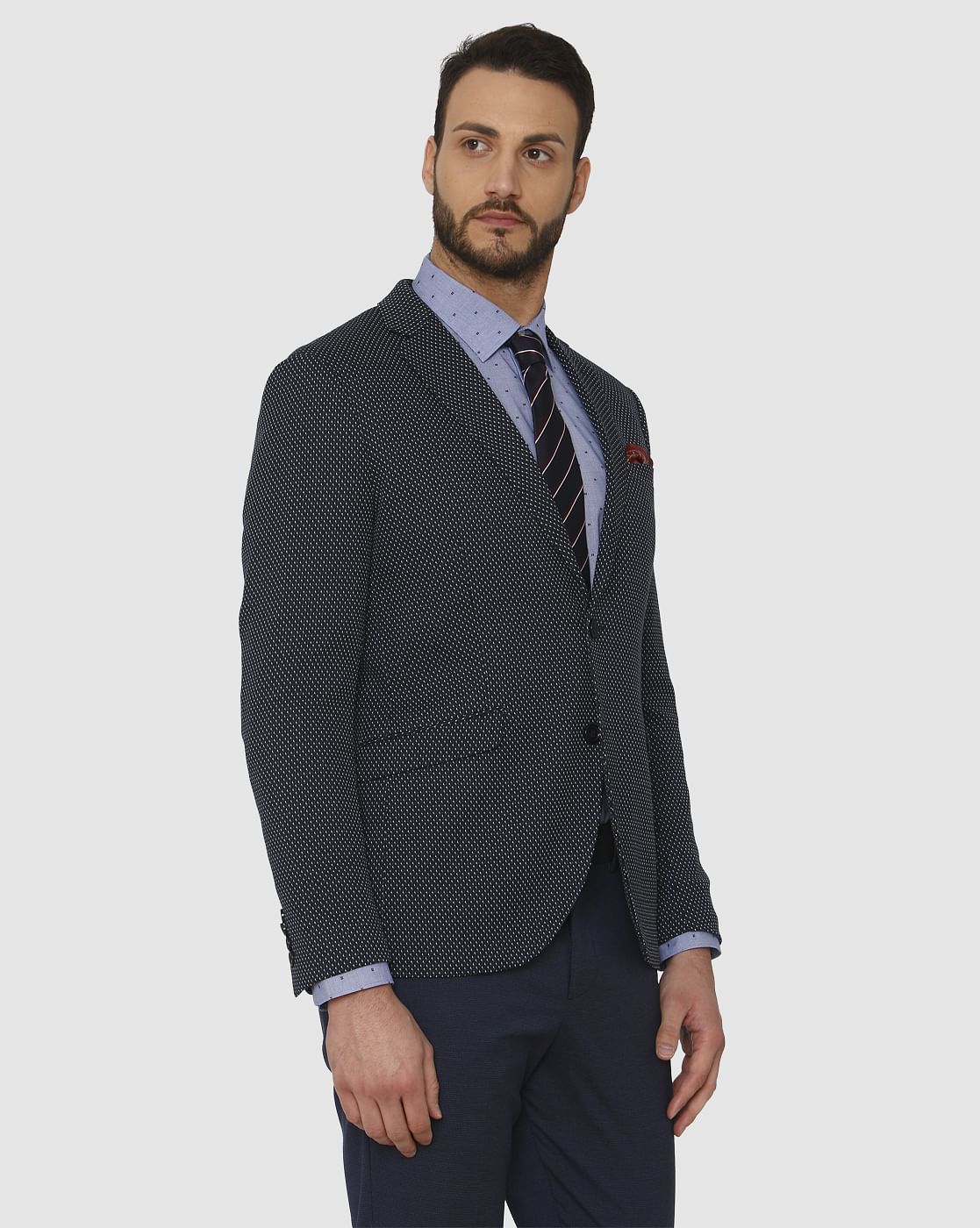 Navy Blue Dotted Double Button Slim Fit Blazer