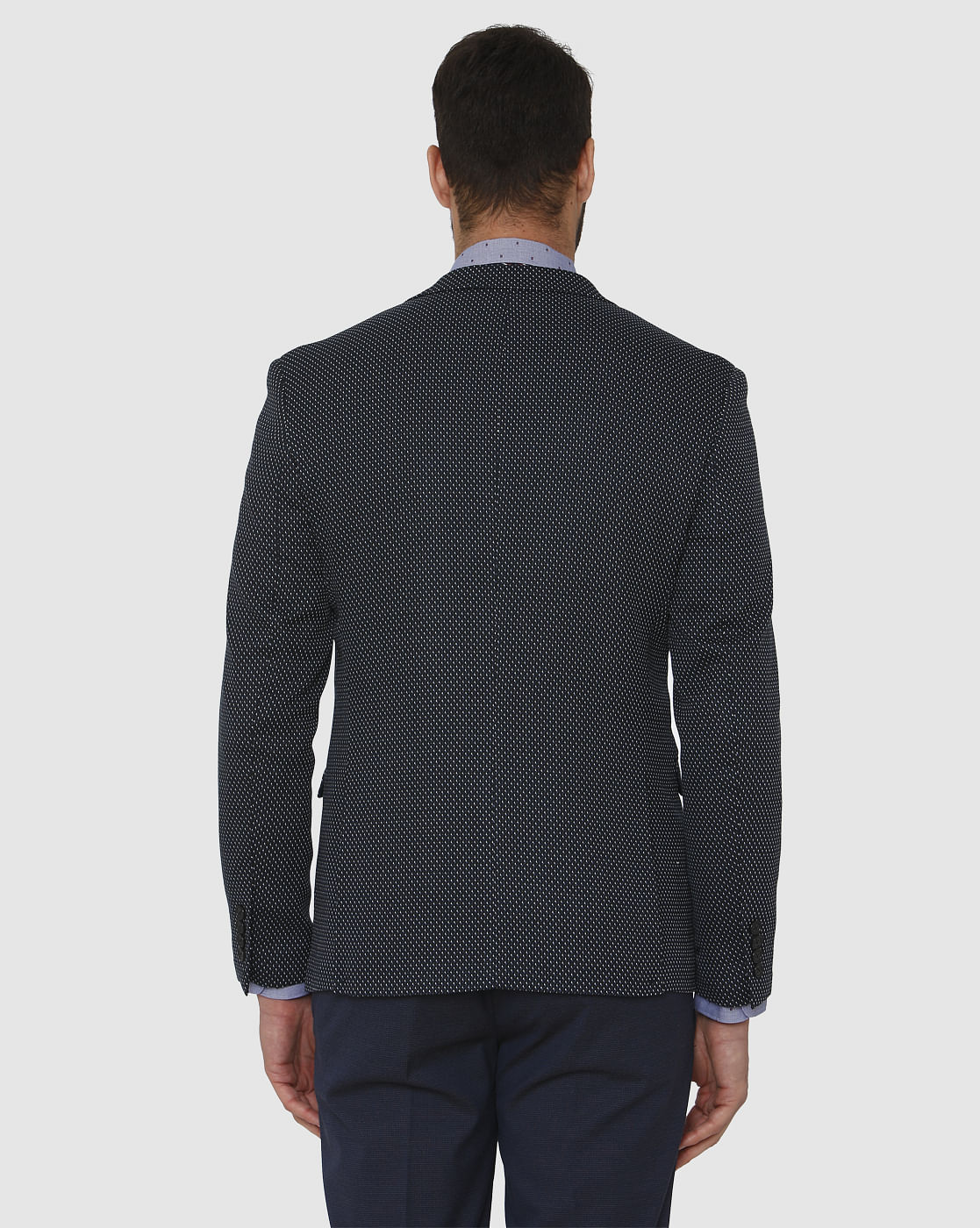Navy Blue Dotted Double Button Slim Fit Blazer