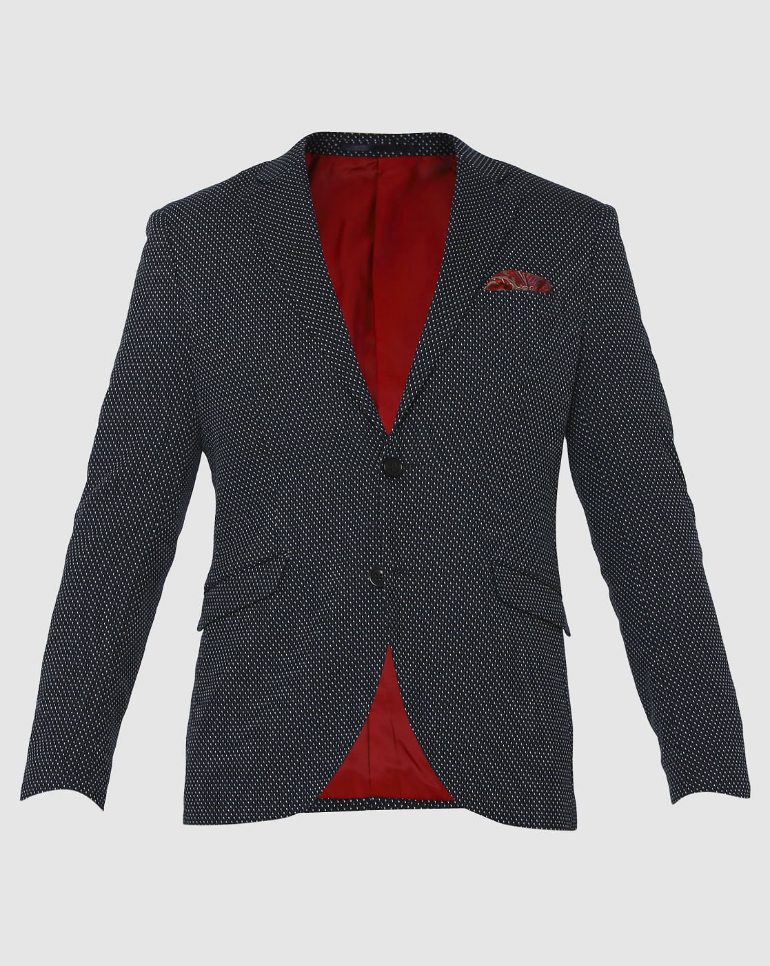 Navy Blue Dotted Double Button Slim Fit Blazer
