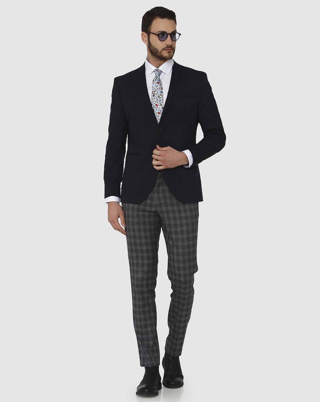 Grey Checks Slim Fit Formal Trousers