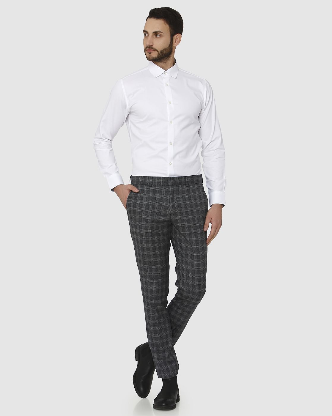 Grey Checks Slim Fit Formal Trousers