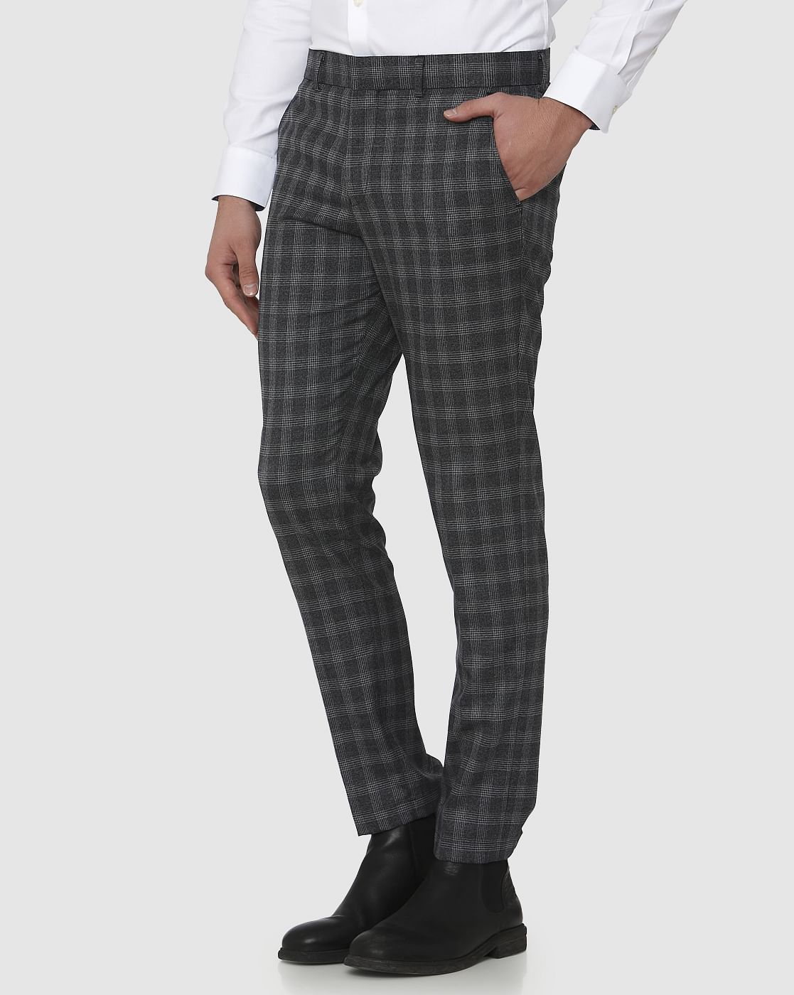 Grey Checks Slim Fit Formal Trousers