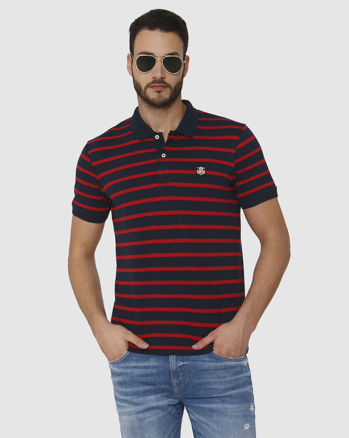 Blue Striped Polo Neck T-Shirt