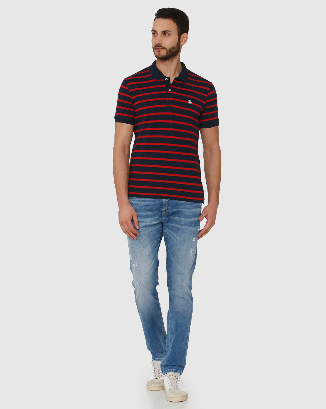 Blue Striped Polo Neck T-Shirt