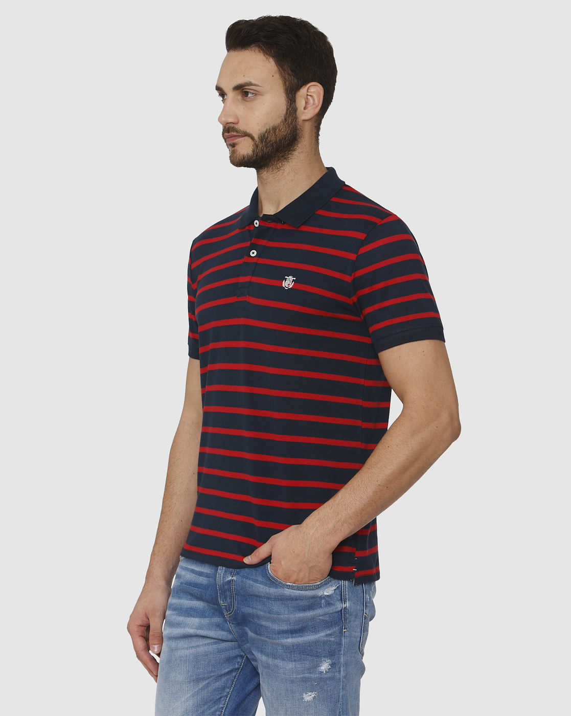 Blue Striped Polo Neck T-Shirt