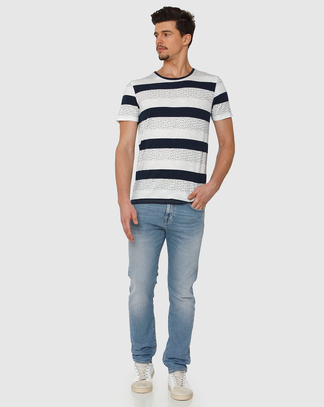 White Colour Blocked Crew Neck T-Shirt