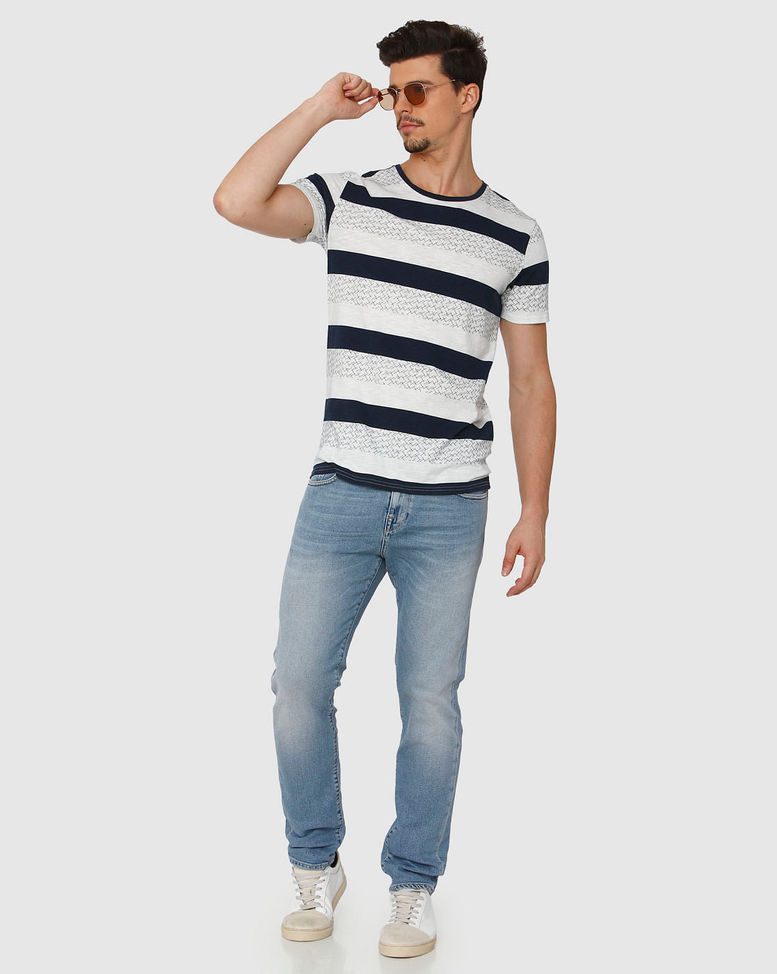 White Colour Blocked Crew Neck T-Shirt