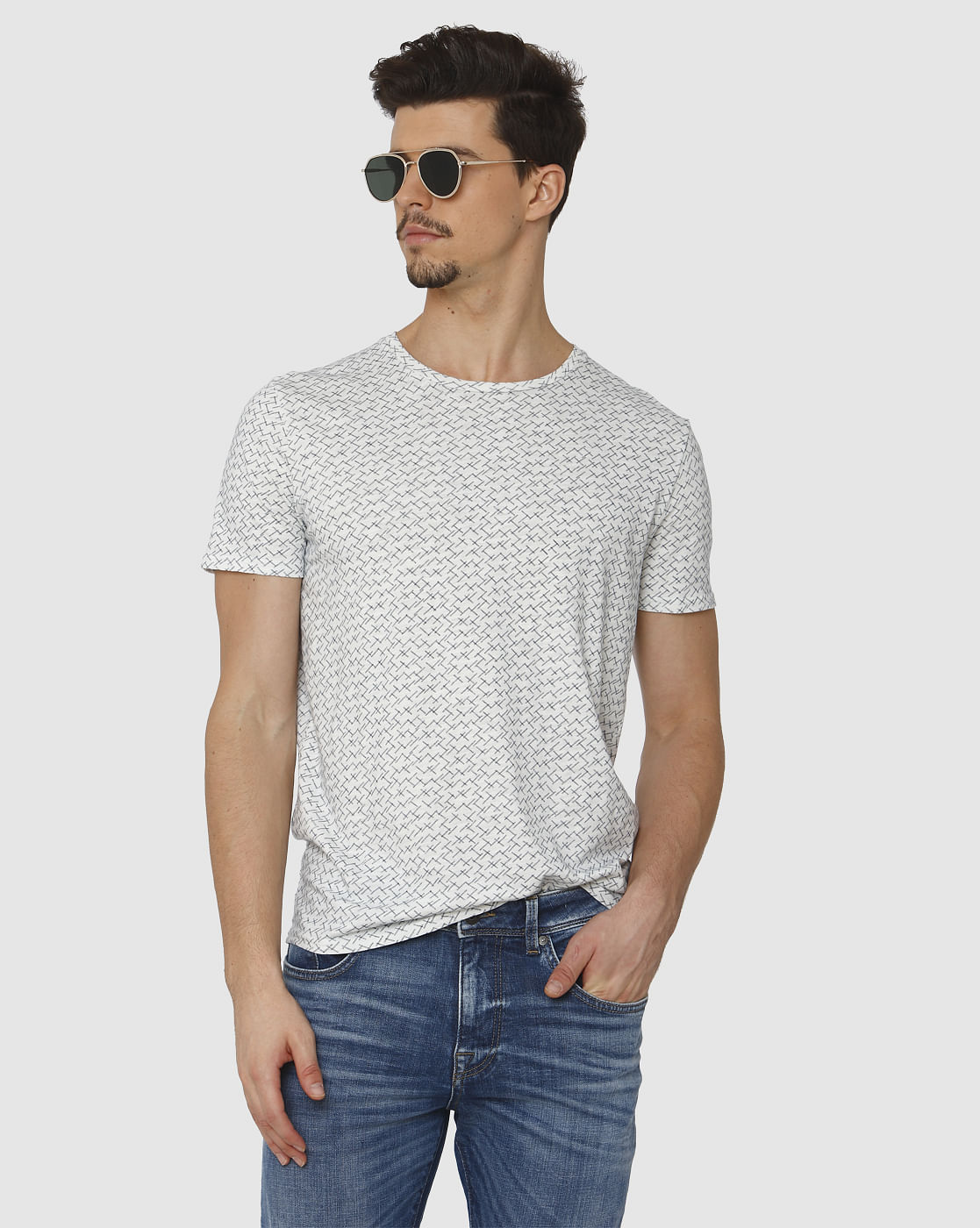 White All Over Print Crew Neck T-Shirt