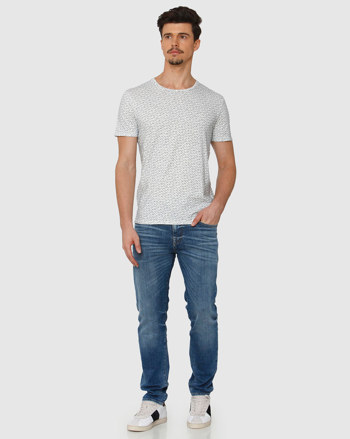 White All Over Print Crew Neck T-Shirt