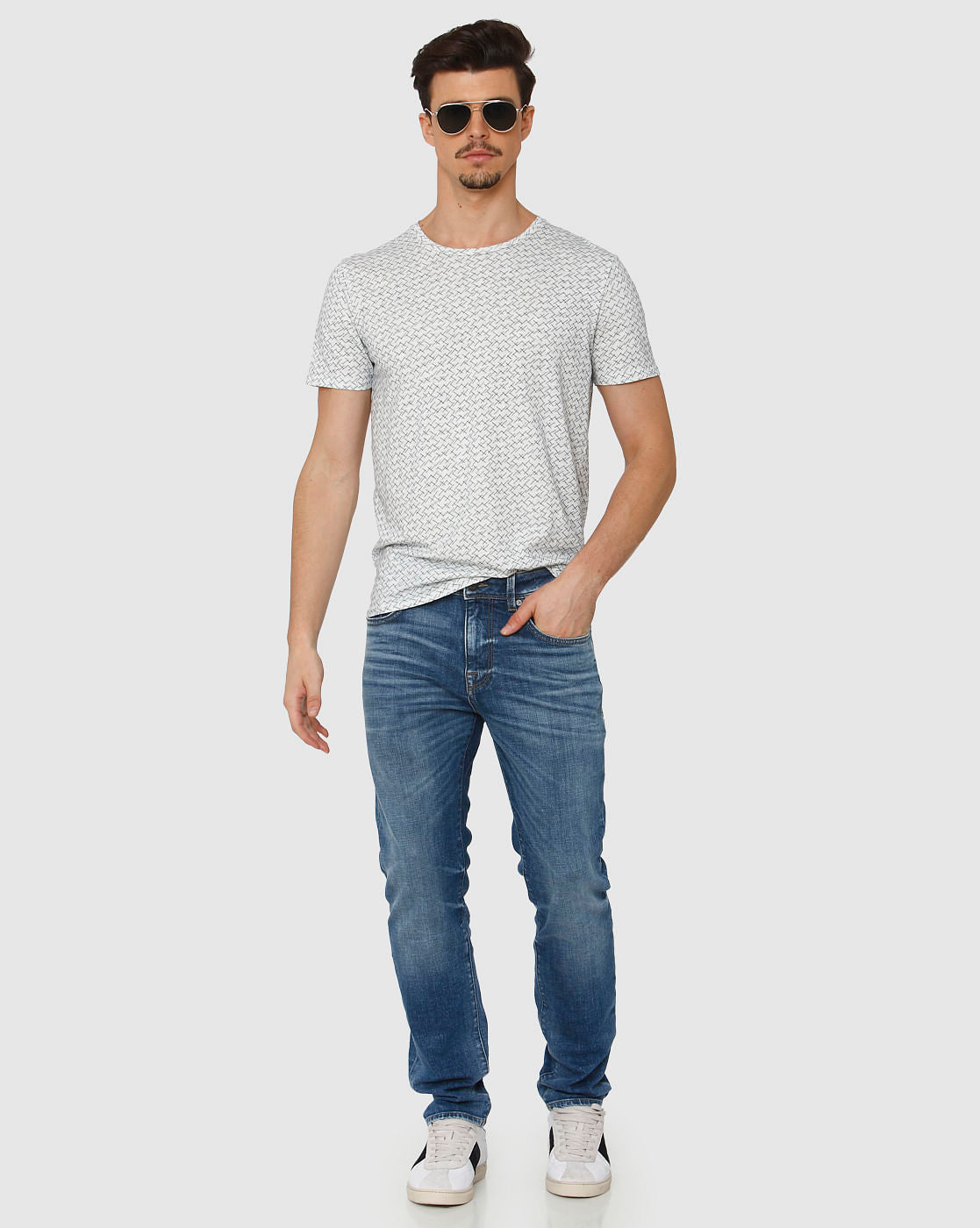 White All Over Print Crew Neck T-Shirt