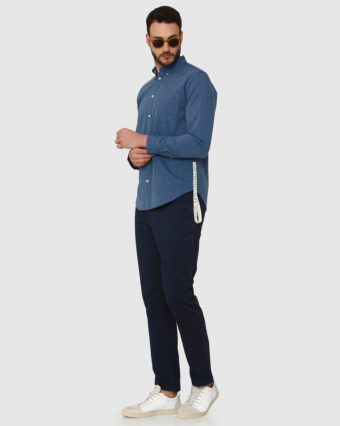 Blue Side Tape Detail Slim Fit Full Sleeves Shirt