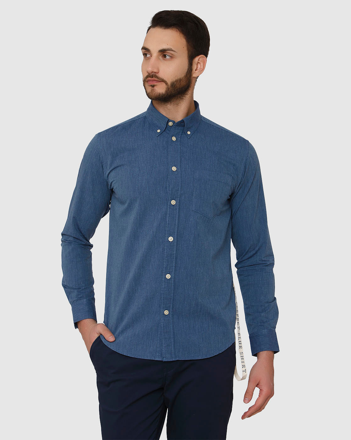Blue Side Tape Detail Slim Fit Full Sleeves Shirt
