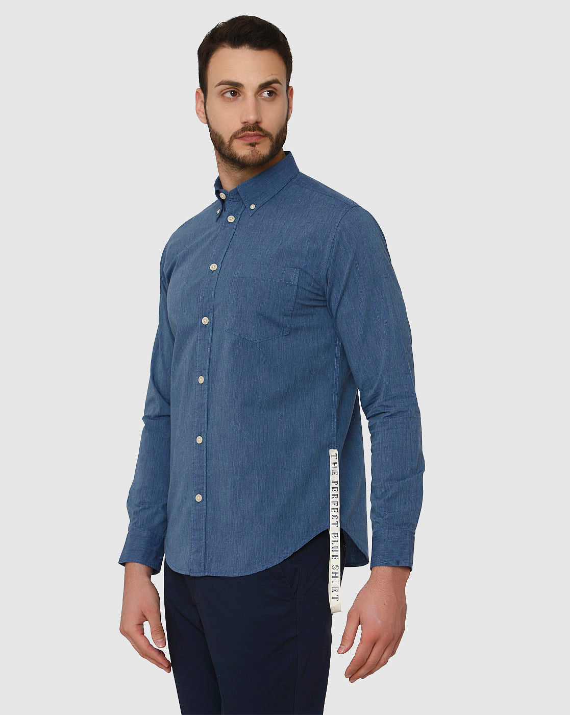 Blue Side Tape Detail Slim Fit Full Sleeves Shirt