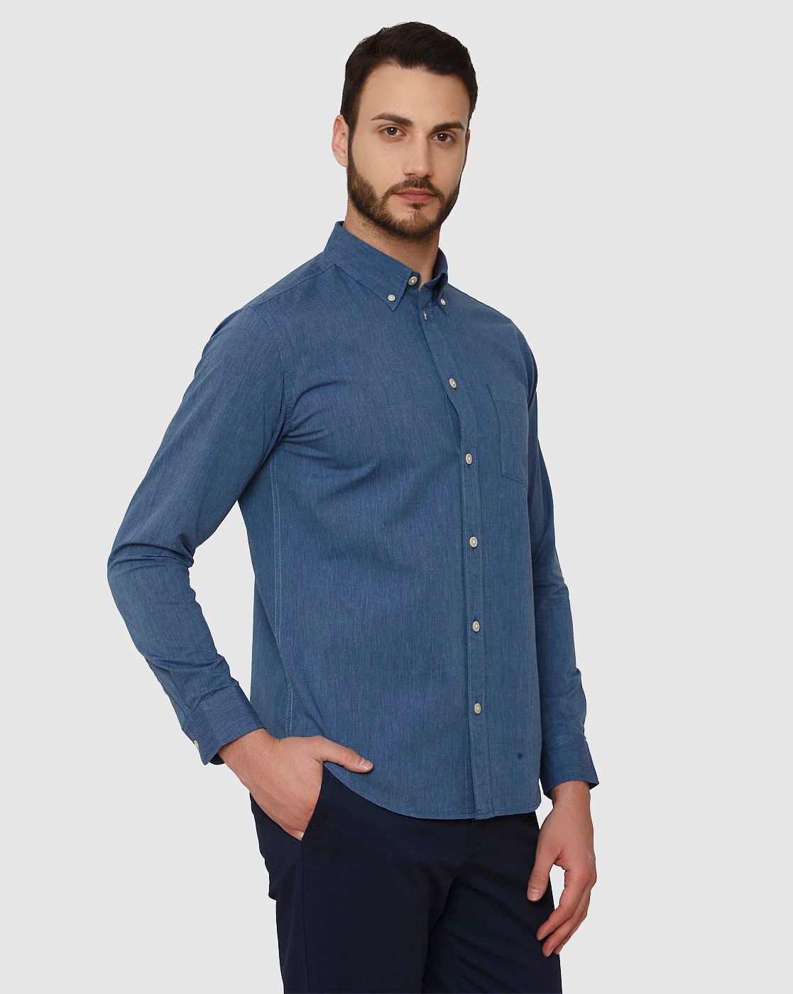 Blue Side Tape Detail Slim Fit Full Sleeves Shirt