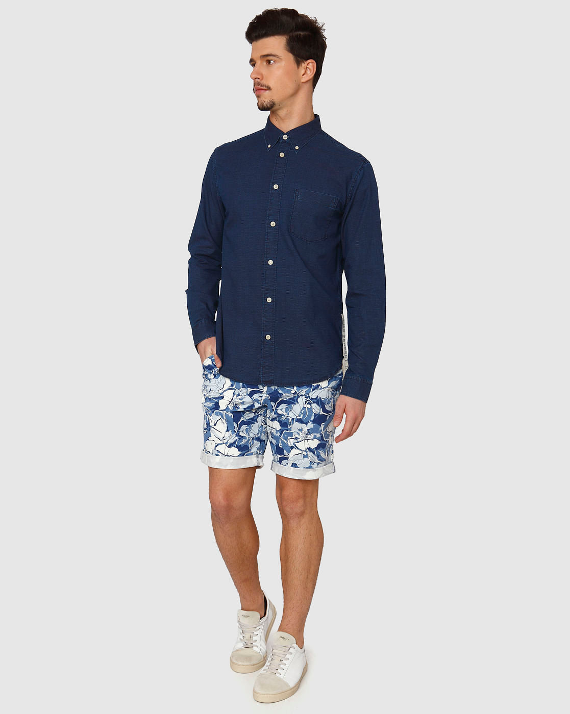 Dark Blue Dotted Side Tape Detail Slim Fit Full Sleeves Shirt