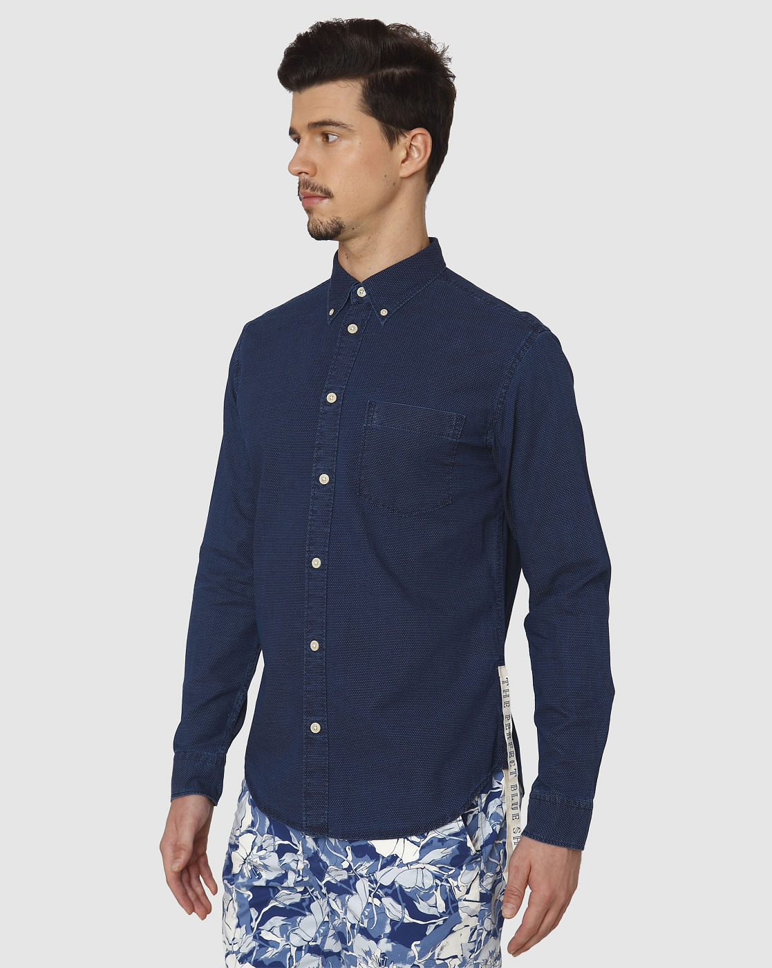Dark Blue Dotted Side Tape Detail Slim Fit Full Sleeves Shirt