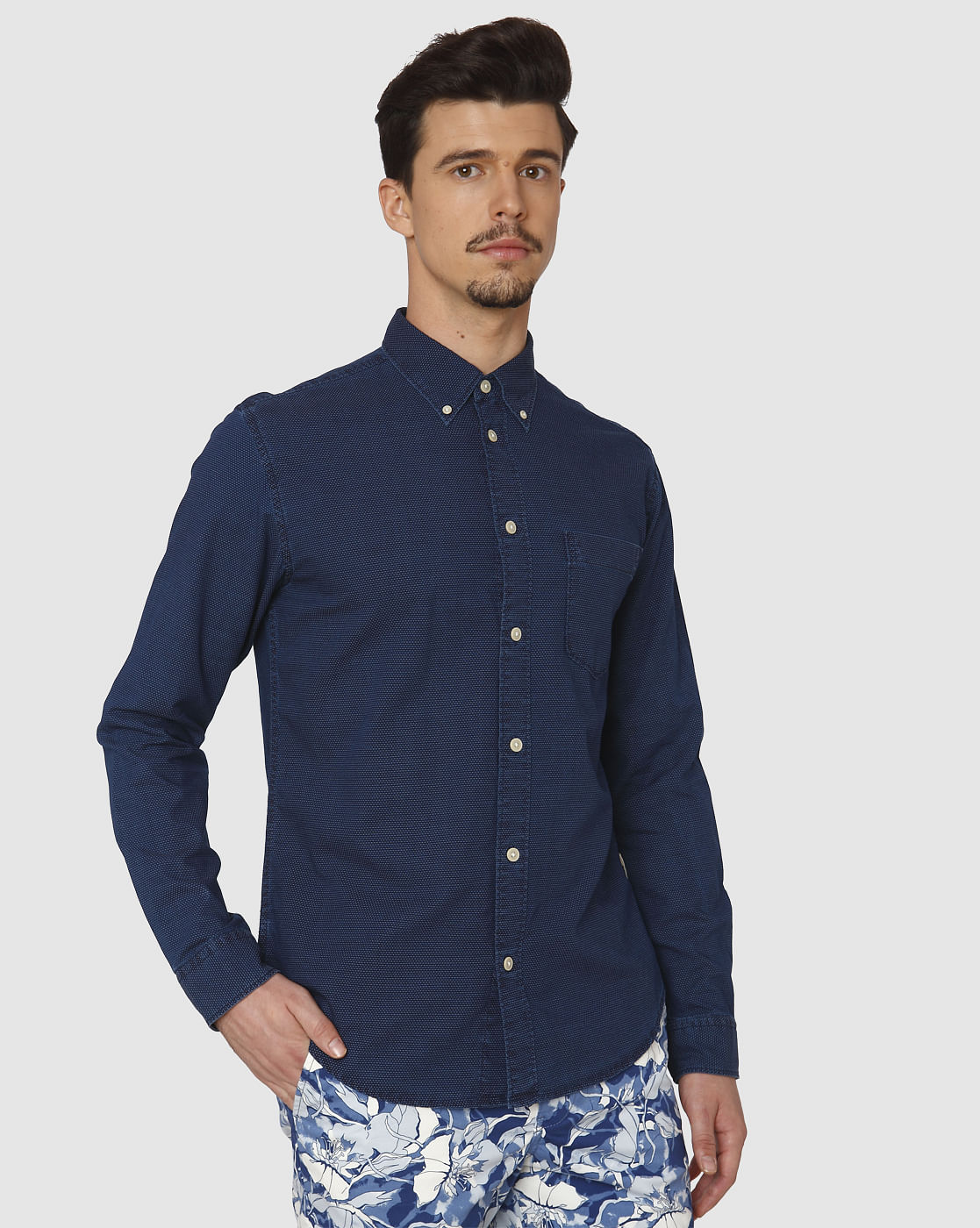 Dark Blue Dotted Side Tape Detail Slim Fit Full Sleeves Shirt